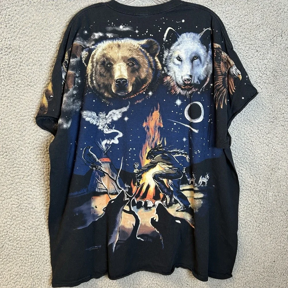 Vintage Liquid Blue Shirt Mens 2XL Indian Bear Wolf AOP Nature Tee Cut Off